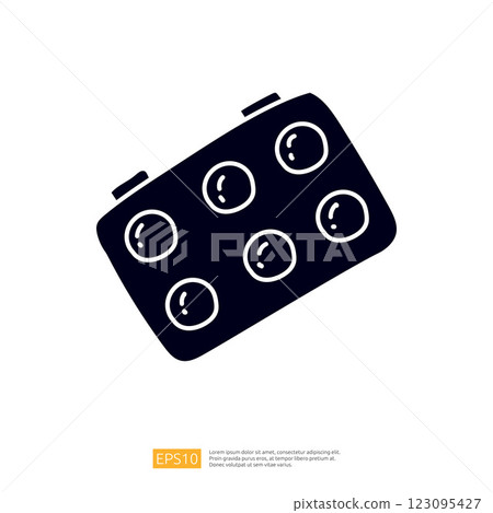 A simple graphic representation of a rectangular object with six circular shapes, resembling a palette or a board used for mixing colors. 123095427