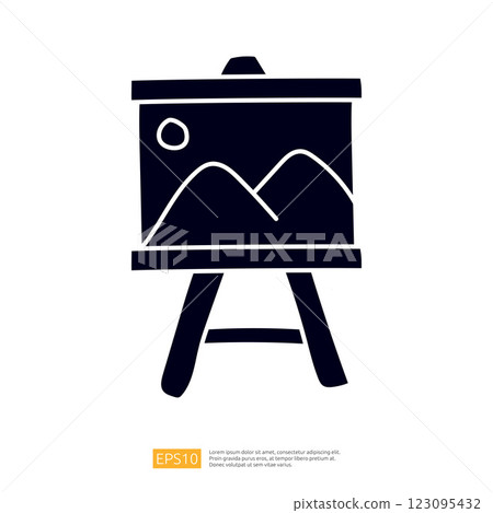 A simple illustration of a framed landscape painting on an easel, depicting mountains and a sun. It symbolizes art and creativity. A simple illustration of a framed landscape painting on an easel, depicting mountains and a sun. It symbolizes art and creativity. 123095432