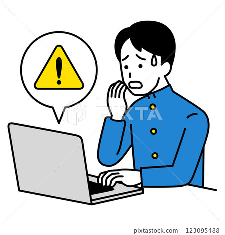 A male student having trouble with an error message on his laptop 123095488