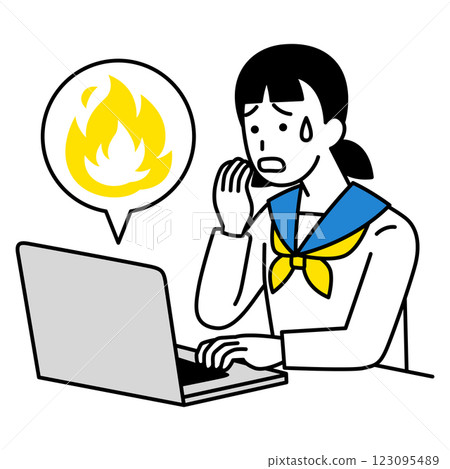 A female student is troubled by a social media firestorm on her laptop A female student is troubled by a social media firestorm on her laptop 123095489