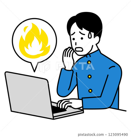 A male student is troubled by a social media firestorm on his laptop 123095490