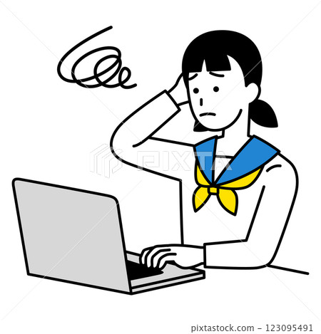 A female student who is having trouble understanding how to use a laptop computer 123095491