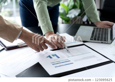close up group marketing staff meeting to gather information 123095625