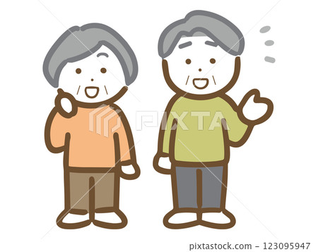 一對微笑的老年夫婦展示他們的全身 123095947