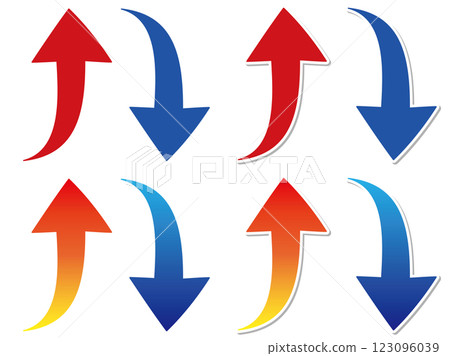 Illustration of an ascending red arrow and a descending blue arrow Simple curved arrow icon 123096039