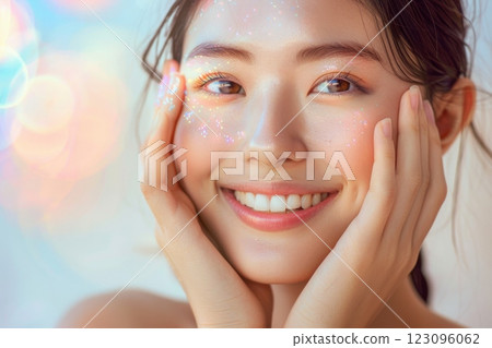 美麗的日本女模特兒肖像，雙手放在臉頰上（美麗、光彩、清晰） 123096062