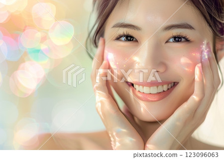 Portrait of a beautiful Japanese female model with her hands on her cheeks (beauty, radiance, clarity) Portrait of a beautiful Japanese female model with her hands on her cheeks (beauty, radiance, clarity) 123096063