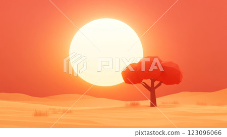 Warm sunset over a serene desert landscape with a lone tree Warm sunset over a serene desert landscape with a lone tree 123096066