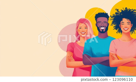 Diverse group of friends smiling with arms crossed in vibrant setting 123096110