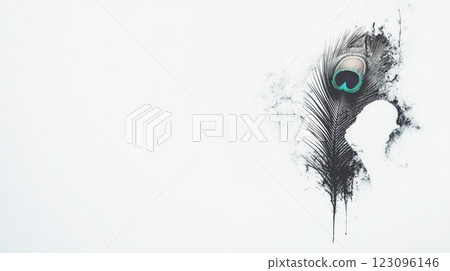 Art piece featuring a peacock feather with a diving mask design 123096146