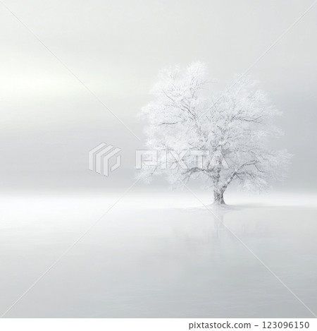 Snow covered tree stands alone in a tranquil winter landscape 123096150