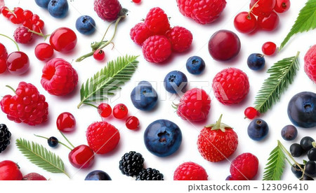 AI 圖像：白色背景上排列的混合漿果 123096410