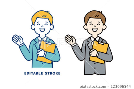 一位年輕商人一手拿著文件解釋的向量插圖_線寬可編輯 一位年輕商人一手拿著文件解釋的向量插圖_線寬可編輯 123096544