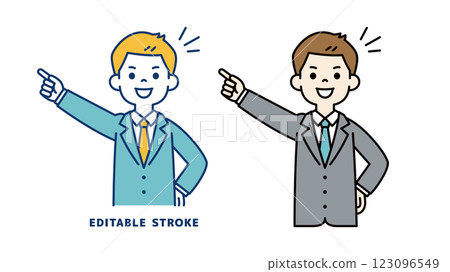 向量插圖：一位年輕商人微笑著指著自己的球門_線寬可以編輯 123096549
