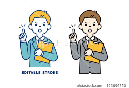 一位年輕商人手持文件時輕輕發出警告的向量插圖_線寬可以編輯 一位年輕商人手持文件時輕輕發出警告的向量插圖_線寬可以編輯 123096550