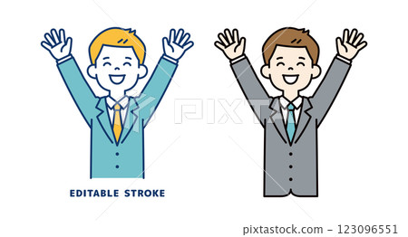 Vector illustration of a young businessman smiling and raising his arms in the air_Line width can be edited Vector illustration of a young businessman smiling and raising his arms in the air_Line width can be edited 123096551