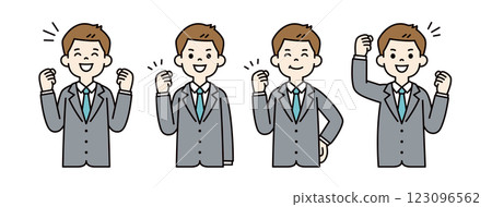 向量插圖集一位年輕商人大力揮拳_線寬可編輯_顏色 123096562
