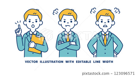 Vector illustration material set of young businessman getting angry, scolding, and warning_Line width can be edited Vector illustration material set of young businessman getting angry, scolding, and warning_Line width can be edited 123096571