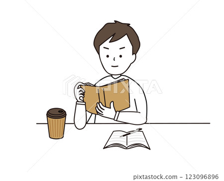 A young man reading a book in a cafe on his day off 123096896
