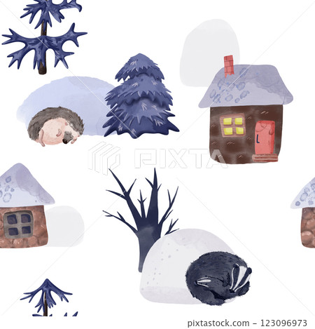 Hand-drawn seamless pattern with sleeping badgers and hedgehogs, cozy stone houses, and winter trees. Soft watercolor textures create a warm, fairy-tale feel. Perfect for fabrics, wallpapers Hand-drawn seamless pattern with sleeping badgers and hedgehogs, cozy stone houses, and winter trees. Soft watercolor textures create a warm, fairy-tale feel. Perfect for fabrics, wallpapers 123096973