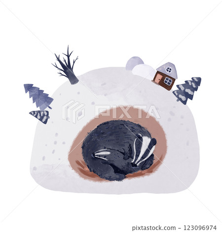 Hand-drawn digital illustration of a sleeping badger with its baby in a snowdrift, a cozy house, and winter trees. Soft watercolor textures create a warm, fairy-tale feel. Perfect for nursery decor Hand-drawn digital illustration of a sleeping badger with its baby in a snowdrift, a cozy house, and winter trees. Soft watercolor textures create a warm, fairy-tale feel. Perfect for nursery decor 123096974