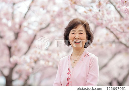 日本祖母賞櫻花的肖像（春天，櫻花，祖母，奶奶，老年人，老人） 123097061