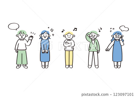 一組具有各種表情和姿勢的人物插圖 123097101