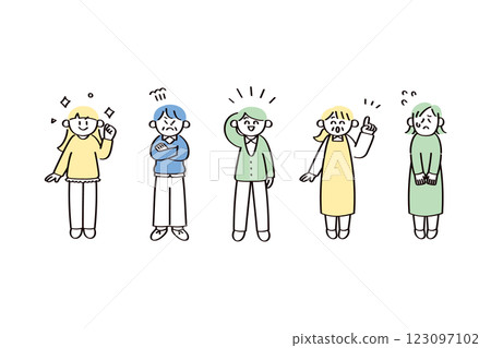 一組具有各種表情和姿勢的人物插圖 123097102