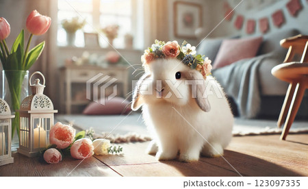 Easter: Rabbit wearing a flower crown 123097335
