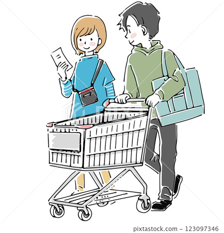 一對夫婦推著購物車購買生活用品 123097346