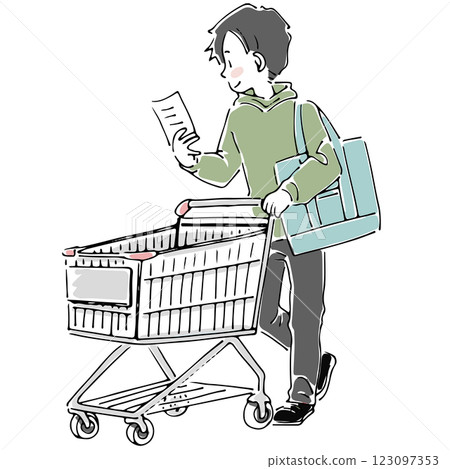 一位男士推著購物車購物，同時查看購物清單 123097353