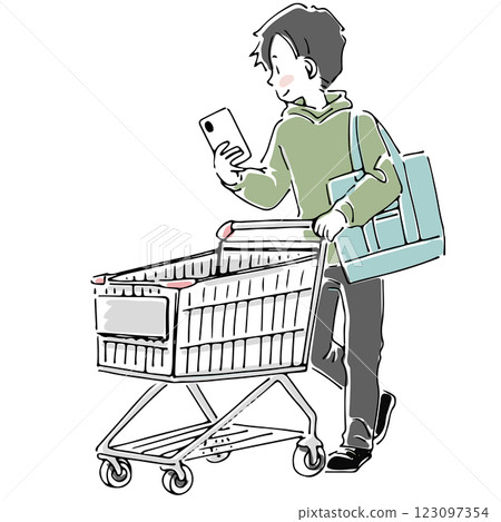 A man shopping with a shopping cart while looking at notes on his smartphone 123097354