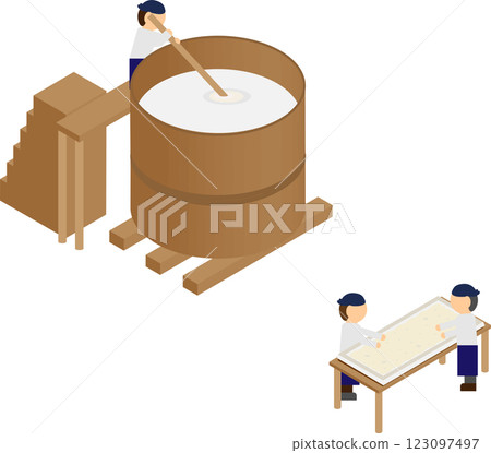 Isometric illustration set of craftsmen making sake Isometric illustration set of craftsmen making sake 123097497