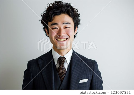 一位微笑的日本男性商人的正面肖像（白色背景，辦公室職員，西裝，年輕，新，新 123097551
