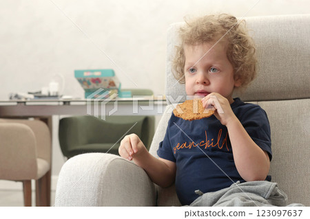 Little boy 3 years old in chair watching cartoon in room and eating biscuits. Children and lifestyle. Emotional Intelligence.  123097637