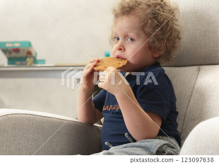 Little boy 3 years old in chair watching cartoon in room and eating biscuits. Children and lifestyle. Emotional Intelligence.  123097638