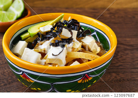 Mexican cuisine Sopa de Tortilla (Sopa Azteca) 123097687