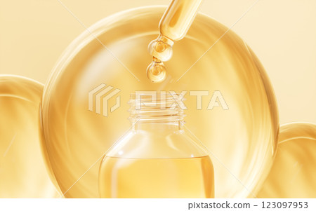 Golden cosmetics liquid dropper and bottle, 3d Golden cosmetics liquid dropper and bottle, 3d 123097953