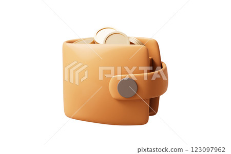 Orange cartoon leather wallet with golden coins Orange cartoon leather wallet with golden coins 123097962
