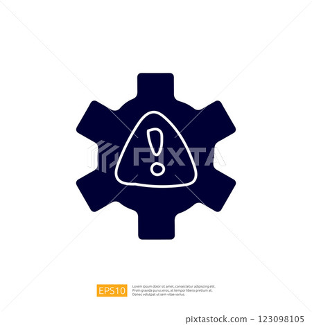 The image features a gear icon with a caution triangle inside, symbolizing alertness or warning in a mechanical or technical context. 123098105