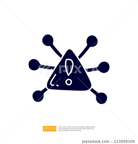 This image depicts a stylized virus or microbe symbol, featuring a triangular shape with protruding lines and an exclamation mark, suggesting caution or alertness. This image depicts a stylized virus or microbe symbol, featuring a triangular shape with protruding lines and an exclamation mark, suggesting caution or alertness. 123098109