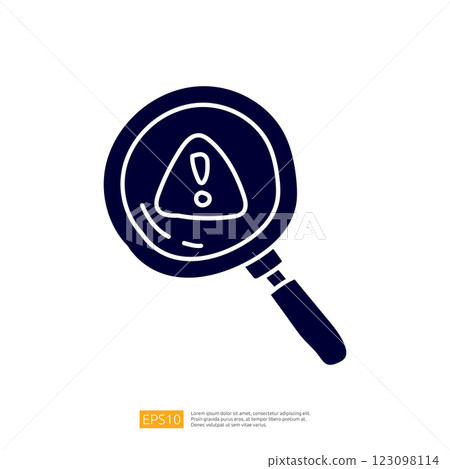 A magnifying glass with an exclamation mark inside a triangle, symbolizing caution or alertness. A magnifying glass with an exclamation mark inside a triangle, symbolizing caution or alertness. 123098114
