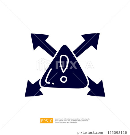 The image depicts a warning symbol featuring a triangular shape with an exclamation mark, surrounded by arrows pointing outward, indicating caution or alert. The image depicts a warning symbol featuring a triangular shape with an exclamation mark, surrounded by arrows pointing outward, indicating caution or alert. 123098116