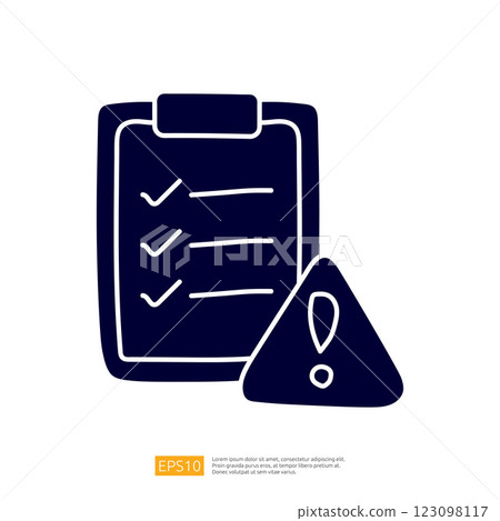 The image features a clipboard with checkmarks and a warning triangle, symbolizing task completion and caution. It represents checklist management and alertness. The image features a clipboard with checkmarks and a warning triangle, symbolizing task completion and caution. It represents checklist management and alertness. 123098117