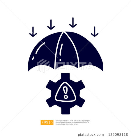 A graphic representation of an umbrella over a gear with an exclamation mark, symbolizing protection and caution in a mechanical or technical context. A graphic representation of an umbrella over a gear with an exclamation mark, symbolizing protection and caution in a mechanical or technical context. 123098118