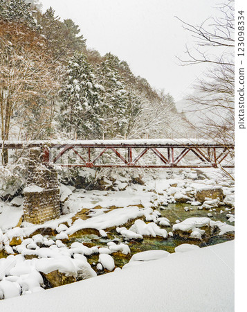 Snow-covered winter scenery of Atera Valley in Minami Kiso Town, Nagano Prefecture 123098334