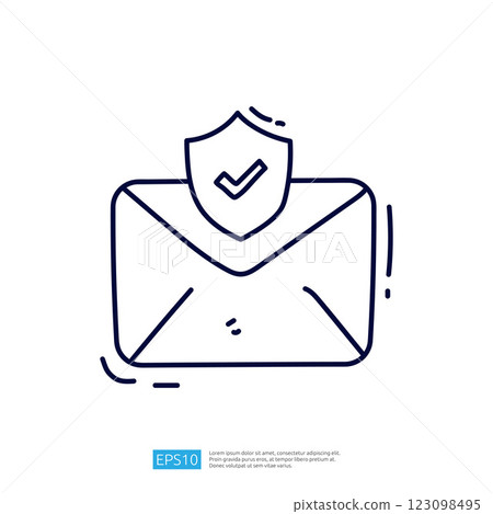 A simple line drawing of an envelope with a shield and checkmark, symbolizing email security and protection against threats. A simple line drawing of an envelope with a shield and checkmark, symbolizing email security and protection against threats. 123098495