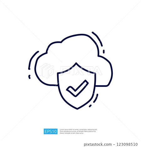 A simple line illustration depicting a cloud combined with a shield featuring a checkmark, symbolizing cloud security and protection. 123098510