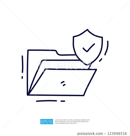 A simple line drawing of a folder with a shield symbol, representing data protection and security. 123098516