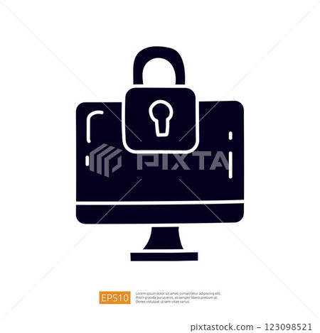 The image depicts a computer monitor with a locked briefcase symbolizing security and protection of digital information. 123098521